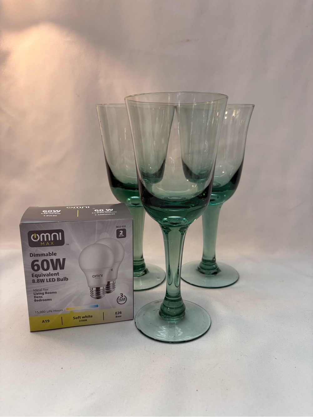 3- large green water goblets/wine glasses